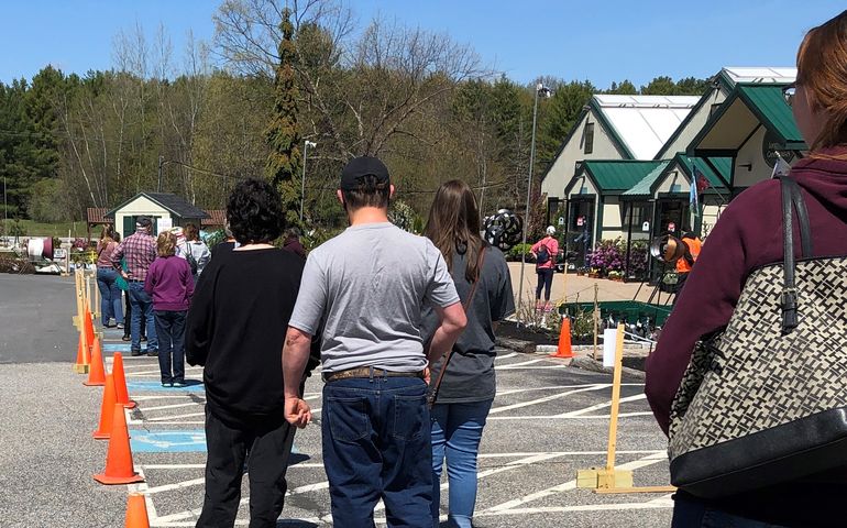 A long line of people, separated by orange cones, stand outside a greenhouse
