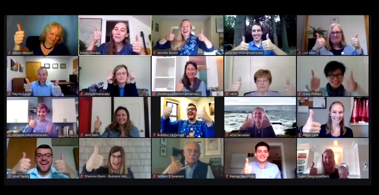 A Zoom screen featuring 20 white men and women giving thumbs up