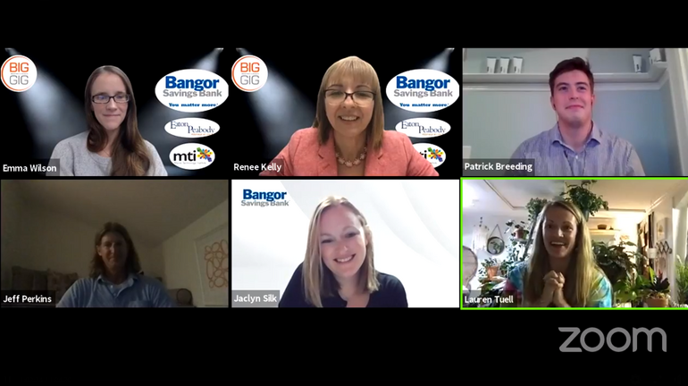 a screen shot of a zoom meeting with six people, smiling, one, in the lower right, Lauren Tuell, clasping her hands
