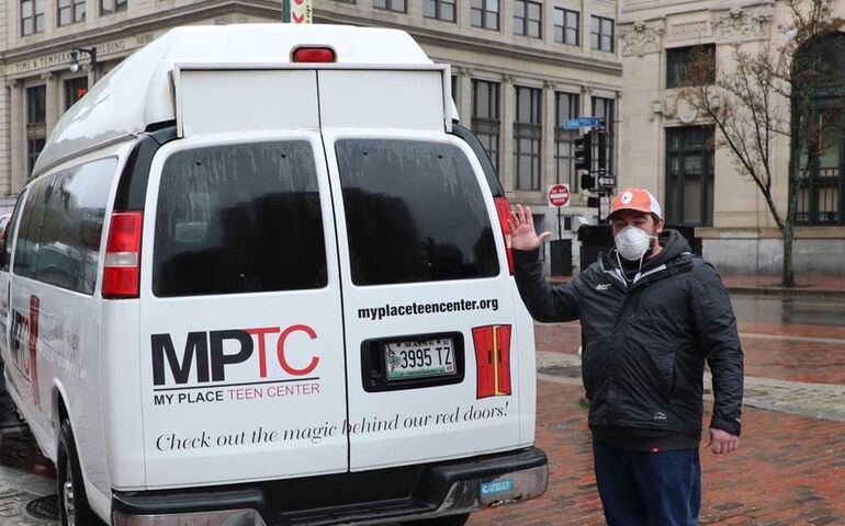 My Place Teen Center delivery truck and driver, in downtown Portland