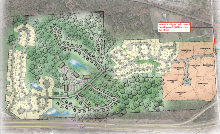 a site plan with intestate 295 at the bottom and a drawing showing eight commercial lots to the right and several roads and cul de sacs clustered with houses to the left