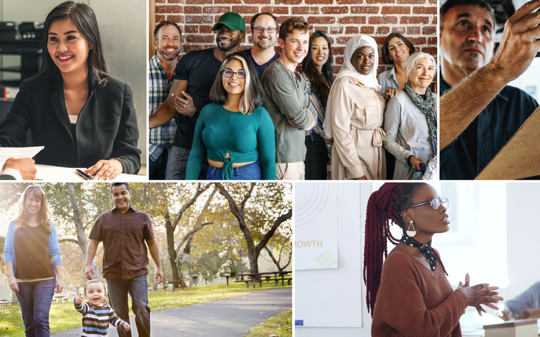 a collage of photos showing people of color, including asians Black people American Indians and more working at different jobs and playing with their children