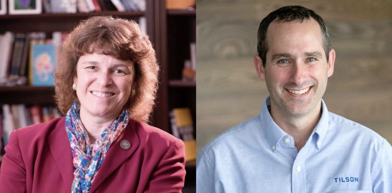 two head and shoulders photos, one a smiling woman in maroon jacket and flowered scarf and the other a smiling man in a blue shirt that says tilson on it