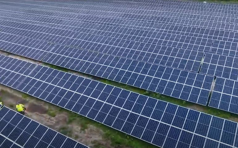 aerial view of large solar array 