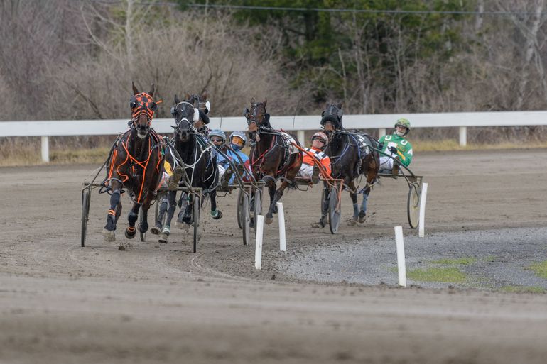 harness racers coming around the turn 