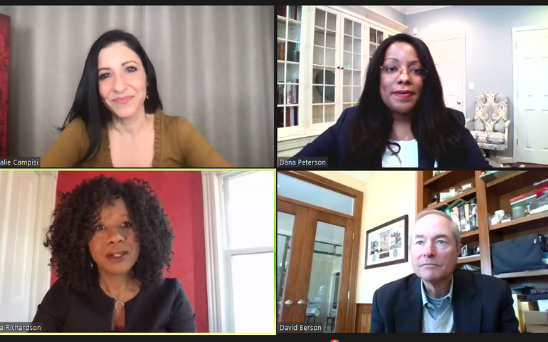 four people, a white man, and two black and one white women, in a zoom panel