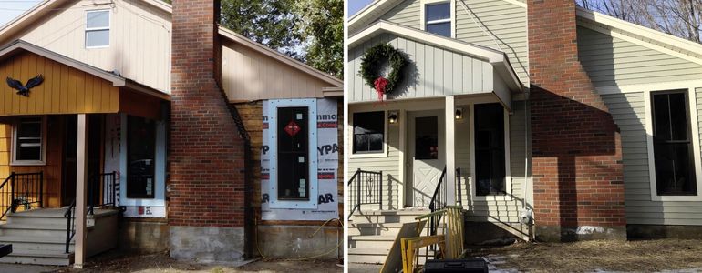 side by side photos of a small house that looks outdated in the lefthand photos with new windows under construction and looks spiffy in the righthand photo with a new color all new windows and accessories and a Christmas wreath above the door
