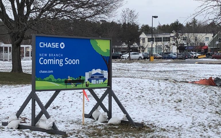 "Coming soon:" sign outside a future Chase bank branch in Falmouth 