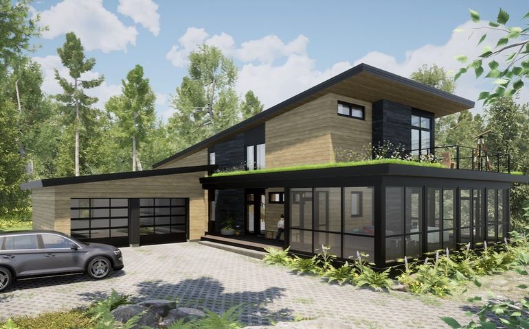 rendering of modern home with floor-to-ceiling windows and two-car garage