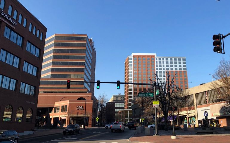 downtown portland, looking up temple street, with tall building rendered in background