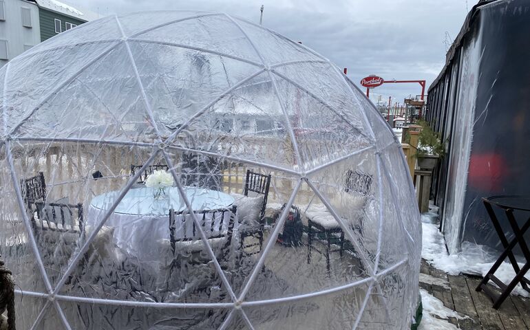 Table under outdoor igloo at Boone's in Portland 
