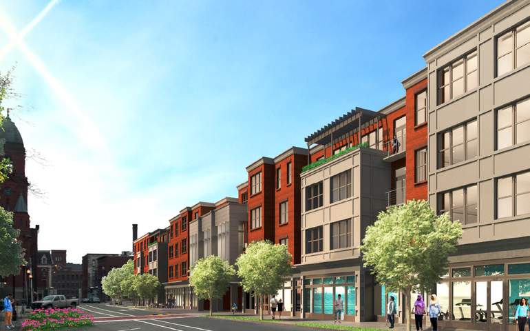 a rendering of a city street with a variety of three and four story buildings made of both brick and cement