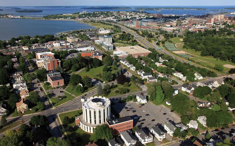 Aerial view of USM campus in Portland showing circular law school buillding