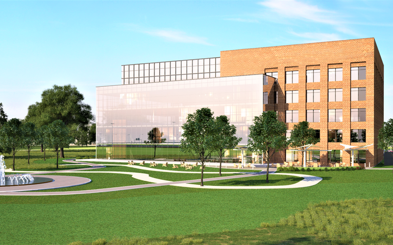 An artists rendering of a modern brick and glass six-story building with an expansive park-like lawn with trees and a foundtain in front