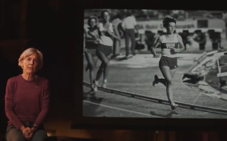 Screen shot of Joan Benoit Samuelson seated, next to vintage image of her in a race 