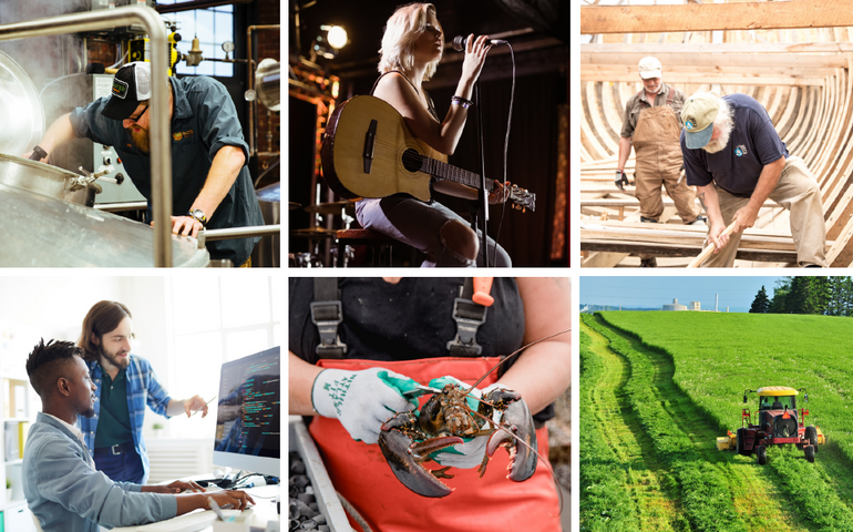 six photos showing people working in manufacturing, construction, someone singing, a lobster, two guys, one white, one black, working on a computer and a tractor going through a field