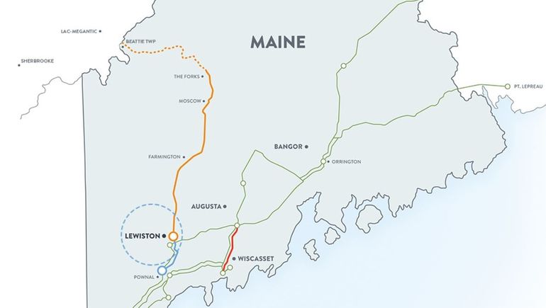 a map of the western and southern part of maine showing a line from lewiston north to the forks, where it becomes a dotted line to the border with canada