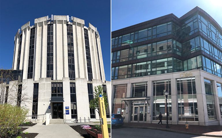 Side-by-side photos of Maine Law building and 300 Fore St. office building