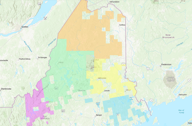 A map of Maine with five different colored sections covering much of the area in the northern half of the state