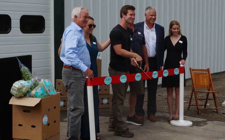 a young man with a giant scissors cuts a red ribbon as several people stand around him, nearby are a couple boxes of lettuce and behind them a massive steel building