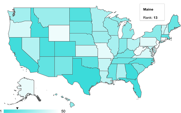 WalletHub map of U.S. states showing Maine as No 13