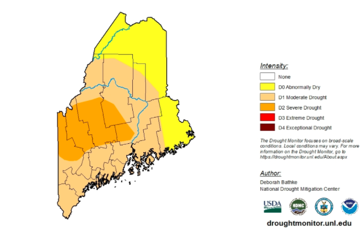 a map of maine shows large swaths of yellow, beige and orange, which indicate where abnormally dry and drought conditions are