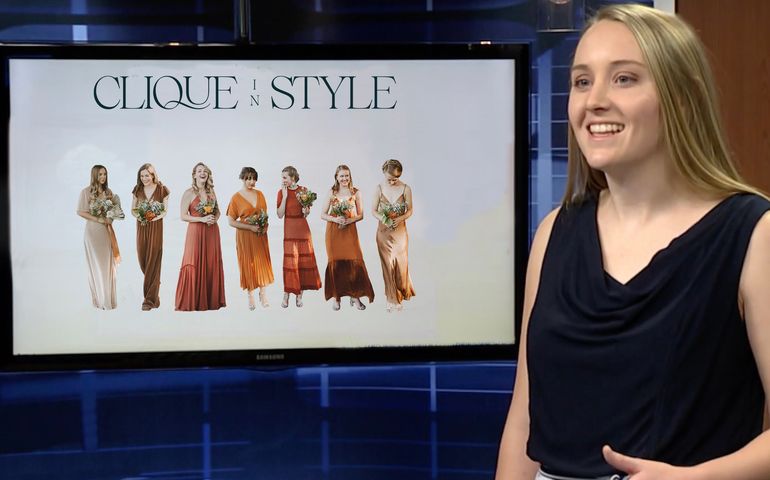 Hannah Marr with screen of bridal party in coordinated colors 