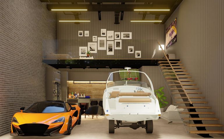 a rendering showing a fancy sports car and boat in a storage garage with a loft overhead that has a couch and flat screen tv
