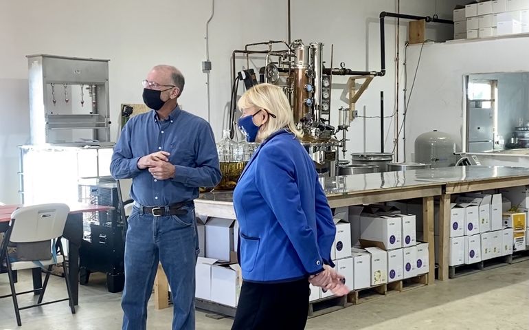 Ron Howard and Janet Mills in a tour of a blueberry facility in Hope, Maine.