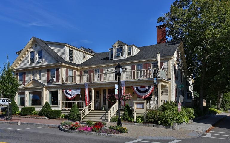 old building with bunting