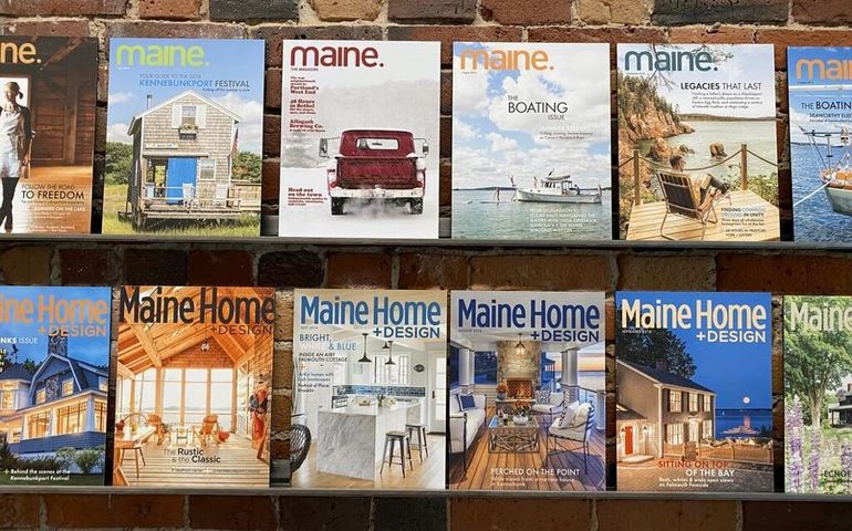 a dozen magazines arranged on two wall racks