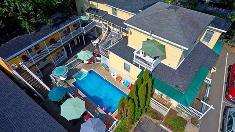 aerial of motel and pool