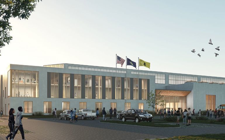rendering of building with flags