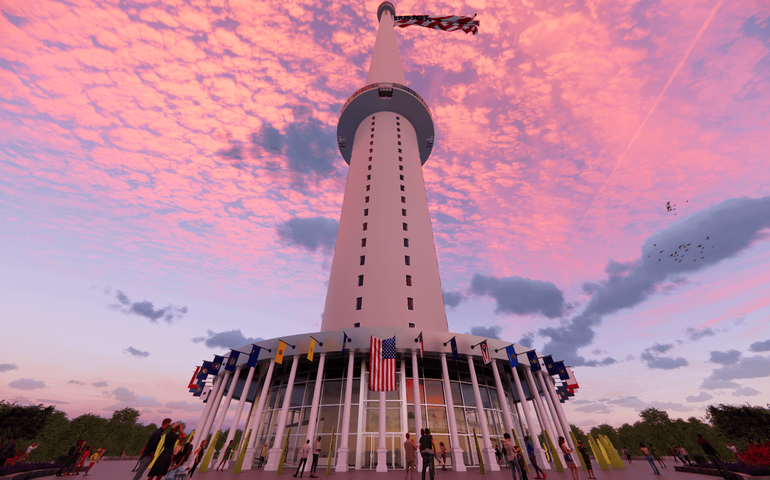 giant tower with giant flag at the top