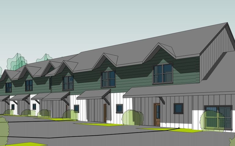 rendering of row of two-story townhouses with dormered windows