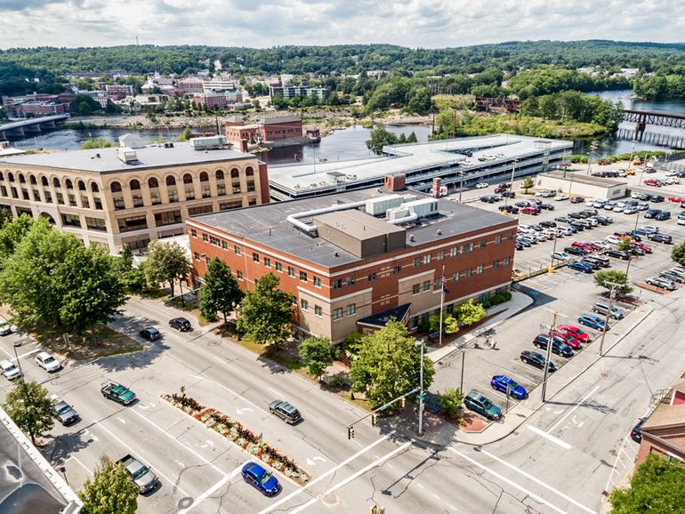 aerial of building streets cars