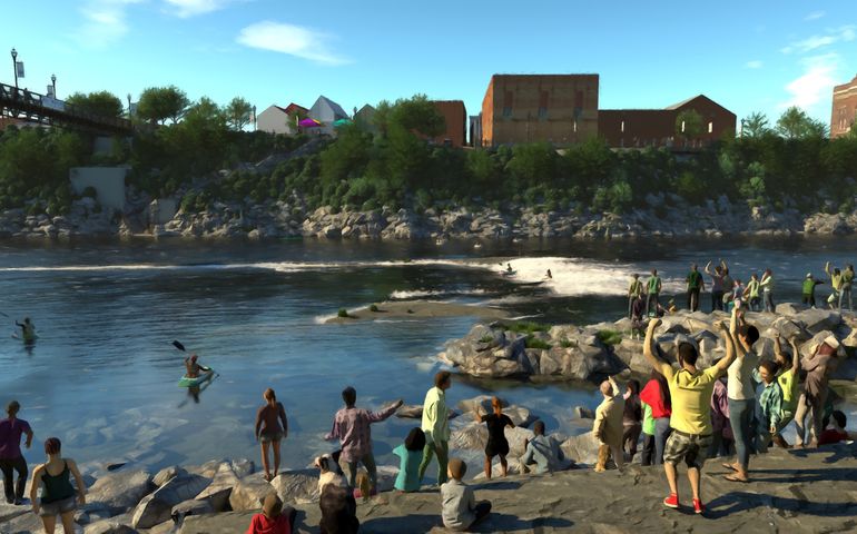rendering showing people on the banks of and in a river 