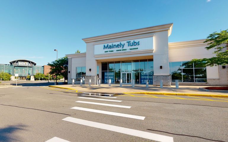 Street view of Mainely Tubs new location, in Massachusetts. Next to a Dick's Sporting Goods.
