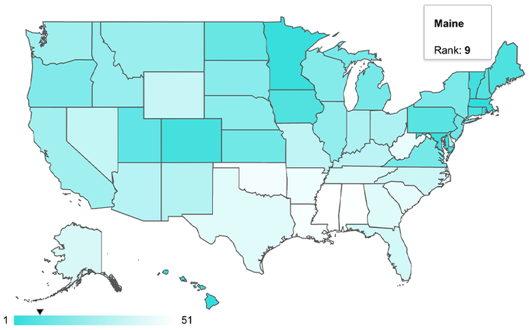 WalletHub map showing Maine as No. 9