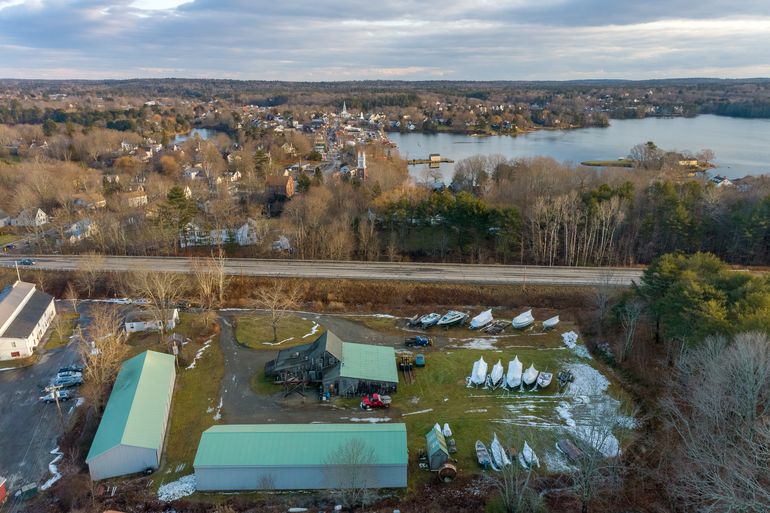 aerial of buildings and water