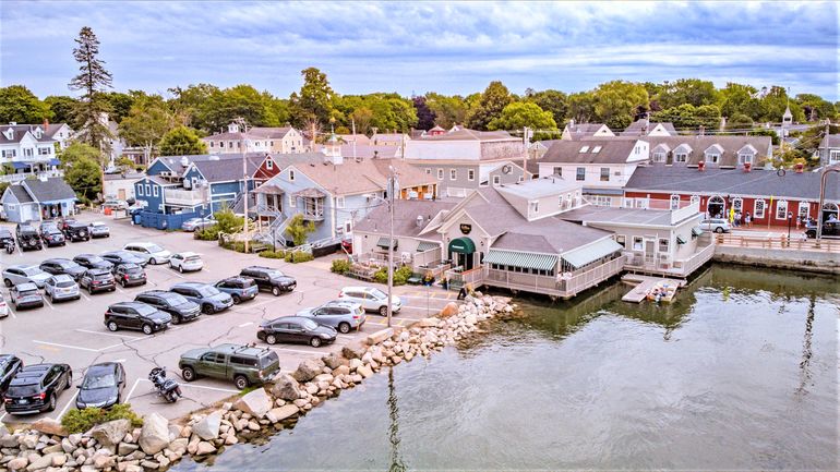 buildings, river, parking lot