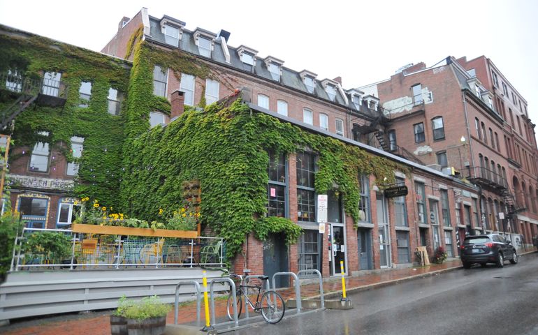 brick building with ivy and bike rack