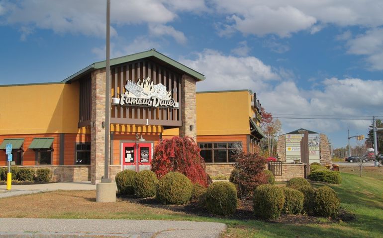 restaurant with sign