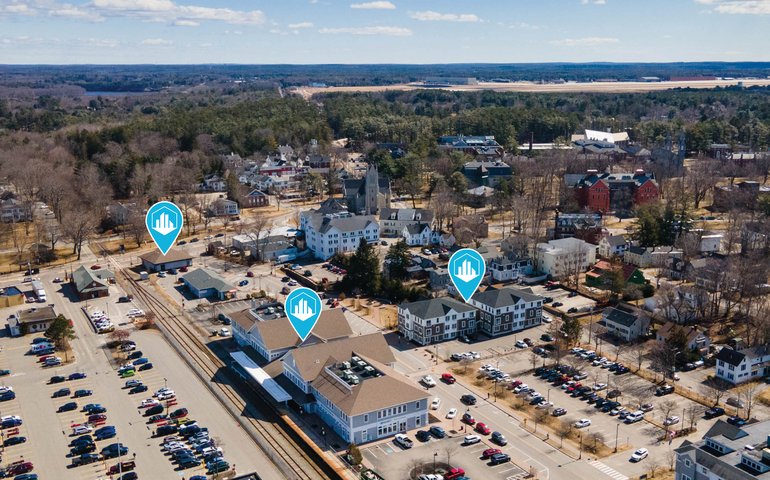 aerial of buildings parking lots icons