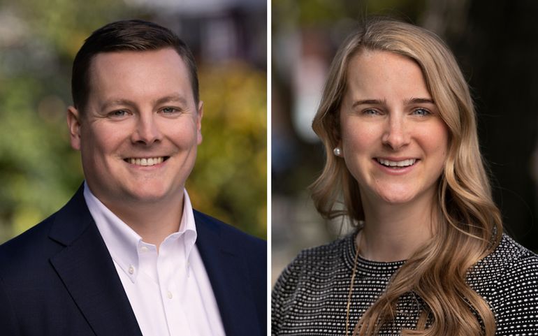 Side by side portrait photos man and woman 
