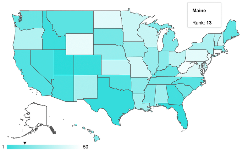 Map of United States showing Maine with No. 13 ranking