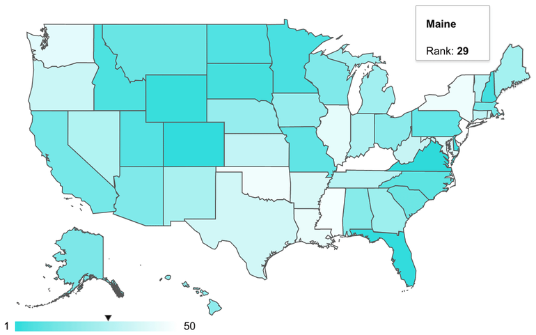 Blue WalletHub map of U.S. with Maine's ranking (no. 29)