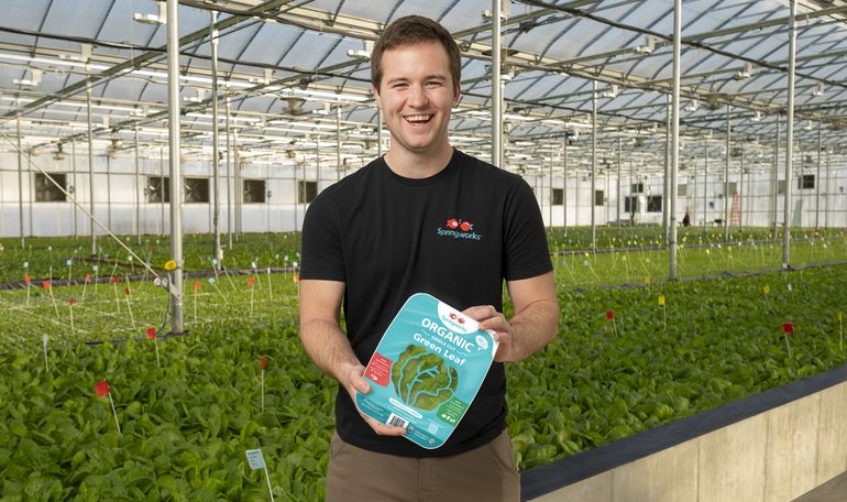 person smiling in greenhouse with lettuce