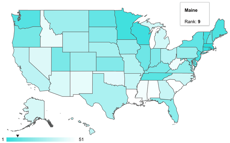 map with Maine ranking as no. 9 