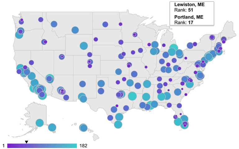 US map with dots